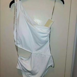 NWT Michael Kors Logo Tape one-shoulder cutout swimsuit size 6